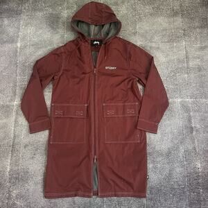 Men's Stussy Contrast Stitch Maroon Red Parka Hooded Windbreaker Zip Jacket Sz S